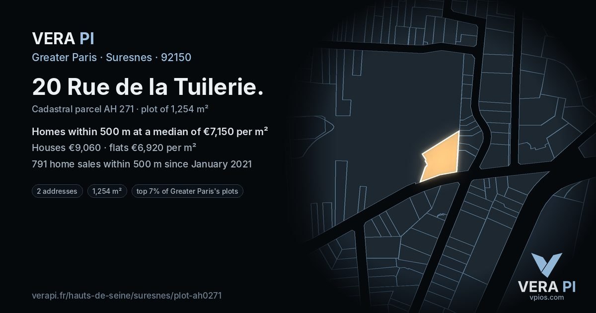 20 Rue de la Tuilerie, Suresnes at night – the plot lit, the parcels around coloured by the prices near them