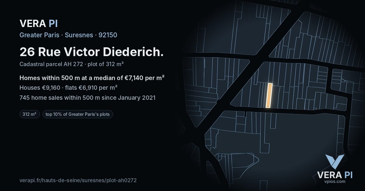 26 Rue Victor Diederich, Suresnes at night – the plot lit, the parcels around coloured by the prices near them