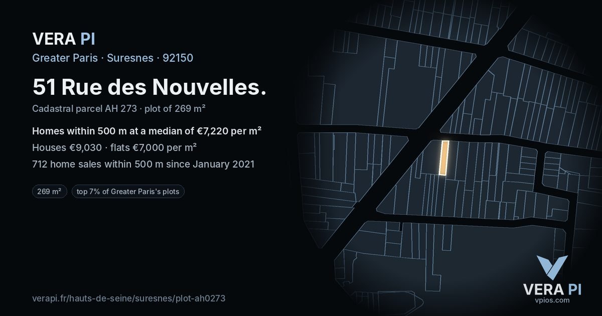 51 Rue des Nouvelles, Suresnes at night – the plot lit, the parcels around coloured by the prices near them