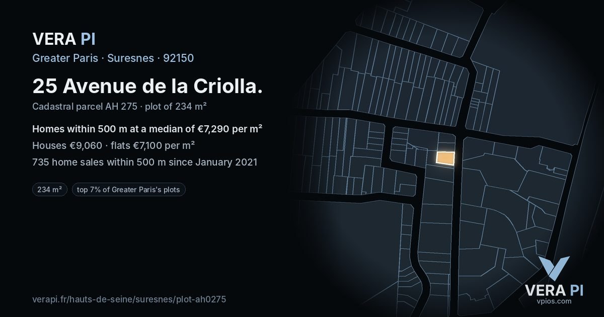 25 Avenue de la Criolla, Suresnes at night – the plot lit, the parcels around coloured by the prices near them