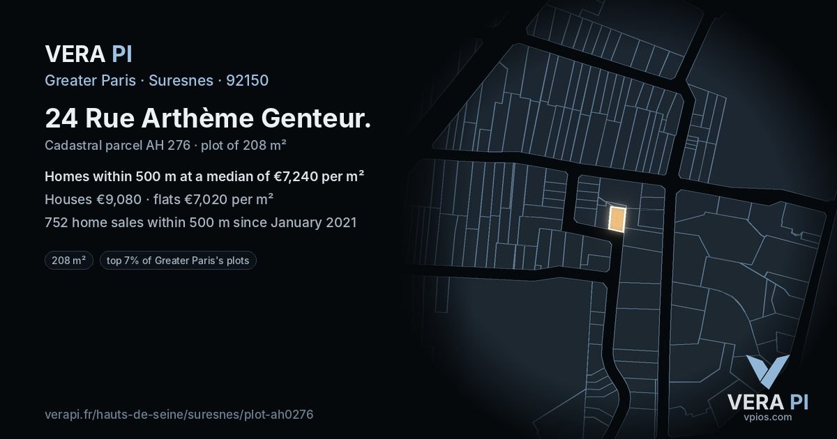 24 Rue Arthème Genteur, Suresnes at night – the plot lit, the parcels around coloured by the prices near them