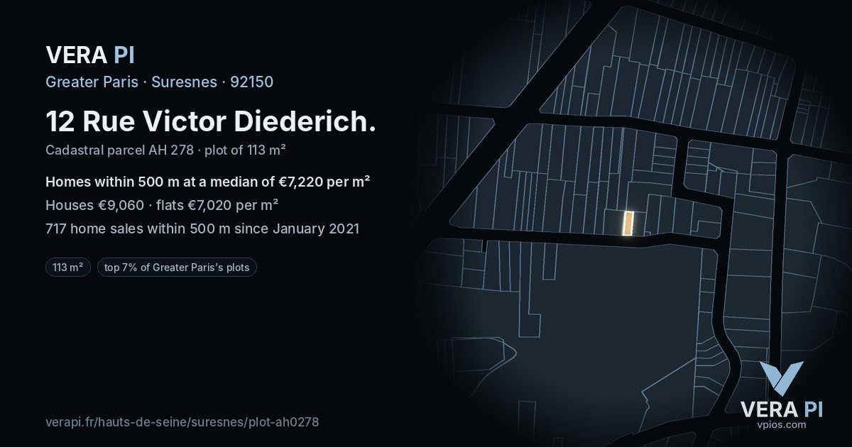 12 Rue Victor Diederich, Suresnes at night – the plot lit, the parcels around coloured by the prices near them