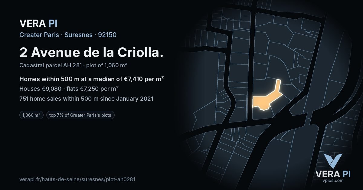 2 Avenue de la Criolla, Suresnes at night – the plot lit, the parcels around coloured by the prices near them
