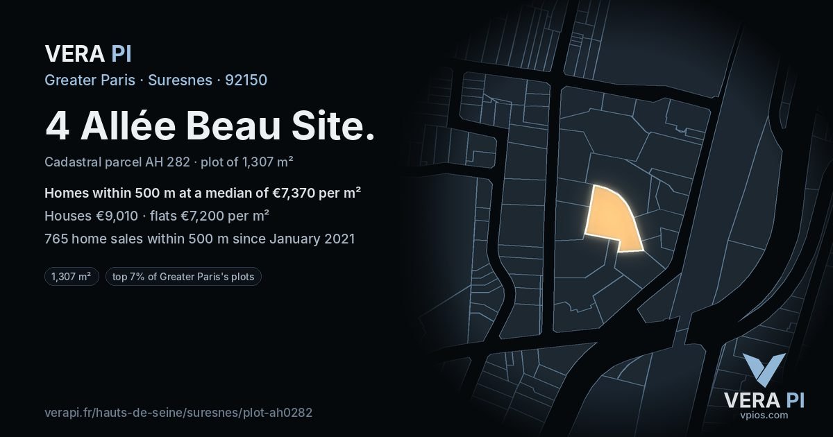4 Allée Beau Site, Suresnes at night – the plot lit, the parcels around coloured by the prices near them