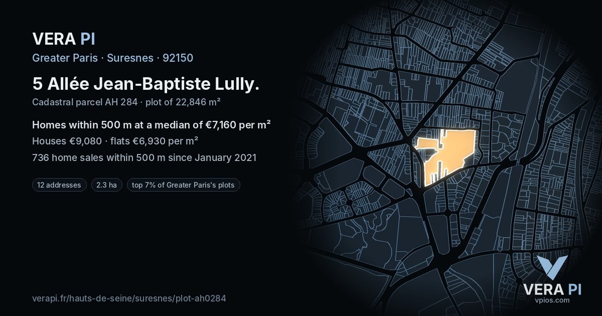 5 Allée Jean-Baptiste Lully, Suresnes at night – the plot lit, the parcels around coloured by the prices near them
