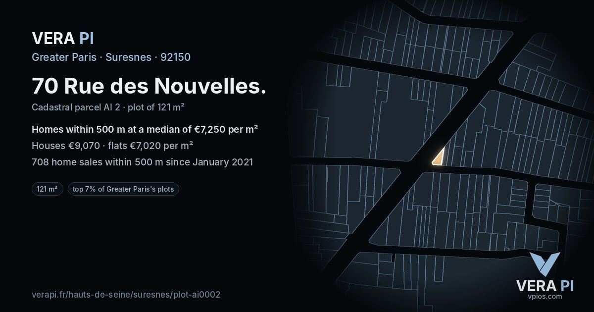 70 Rue des Nouvelles, Suresnes at night – the plot lit, the parcels around coloured by the prices near them