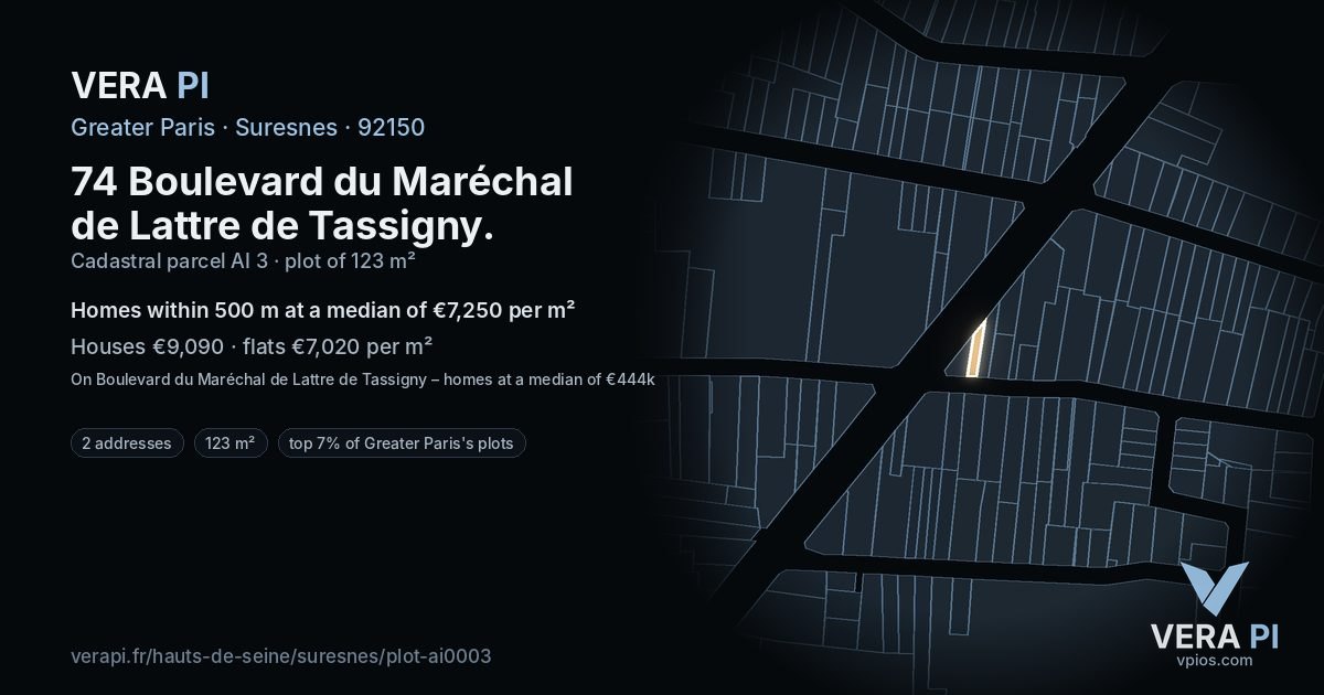 74 Boulevard du Maréchal de Lattre de Tassigny, Suresnes at night – the plot lit, the parcels around coloured by the prices near them
