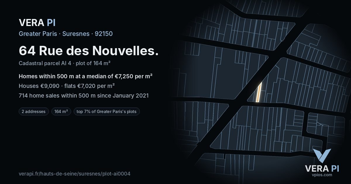 64 Rue des Nouvelles, Suresnes at night – the plot lit, the parcels around coloured by the prices near them