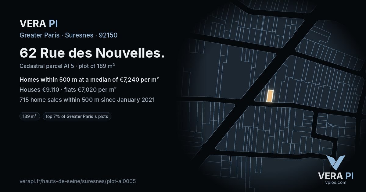 62 Rue des Nouvelles, Suresnes at night – the plot lit, the parcels around coloured by the prices near them