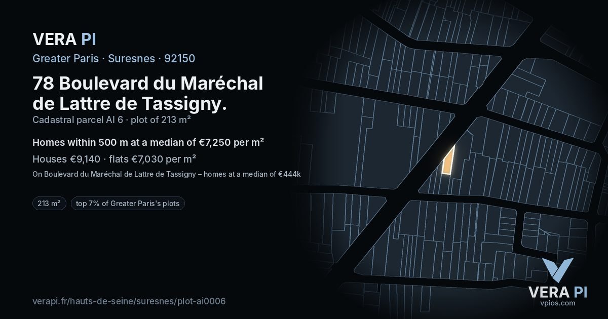 78 Boulevard du Maréchal de Lattre de Tassigny, Suresnes at night – the plot lit, the parcels around coloured by the prices near them