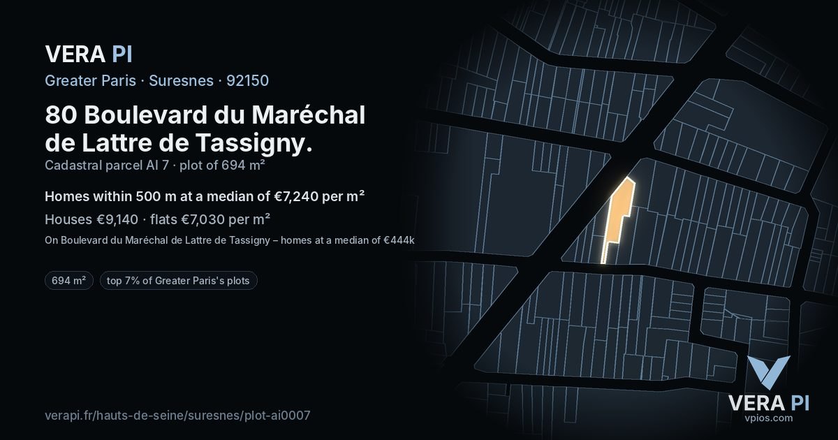80 Boulevard du Maréchal de Lattre de Tassigny, Suresnes at night – the plot lit, the parcels around coloured by the prices near them
