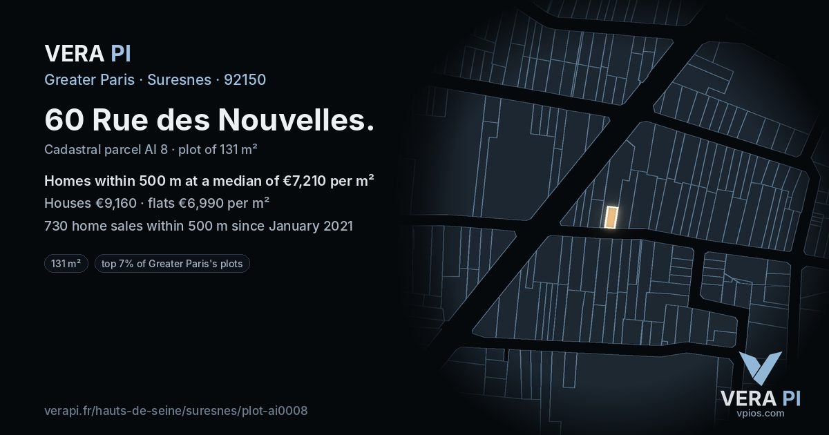 60 Rue des Nouvelles, Suresnes at night – the plot lit, the parcels around coloured by the prices near them