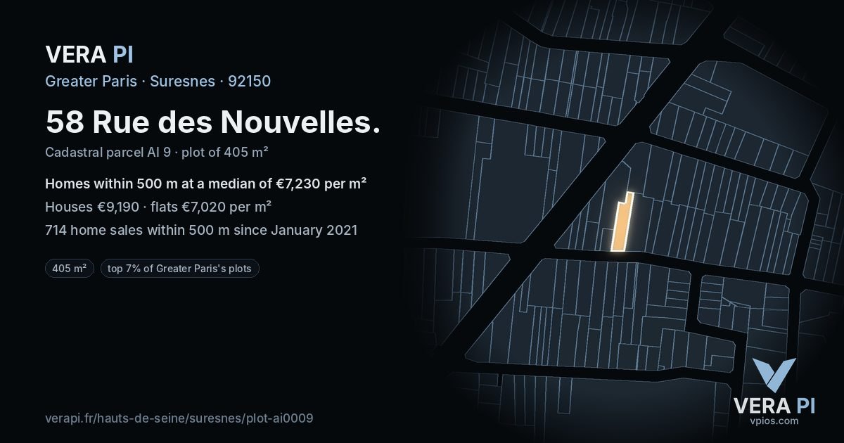 58 Rue des Nouvelles, Suresnes at night – the plot lit, the parcels around coloured by the prices near them