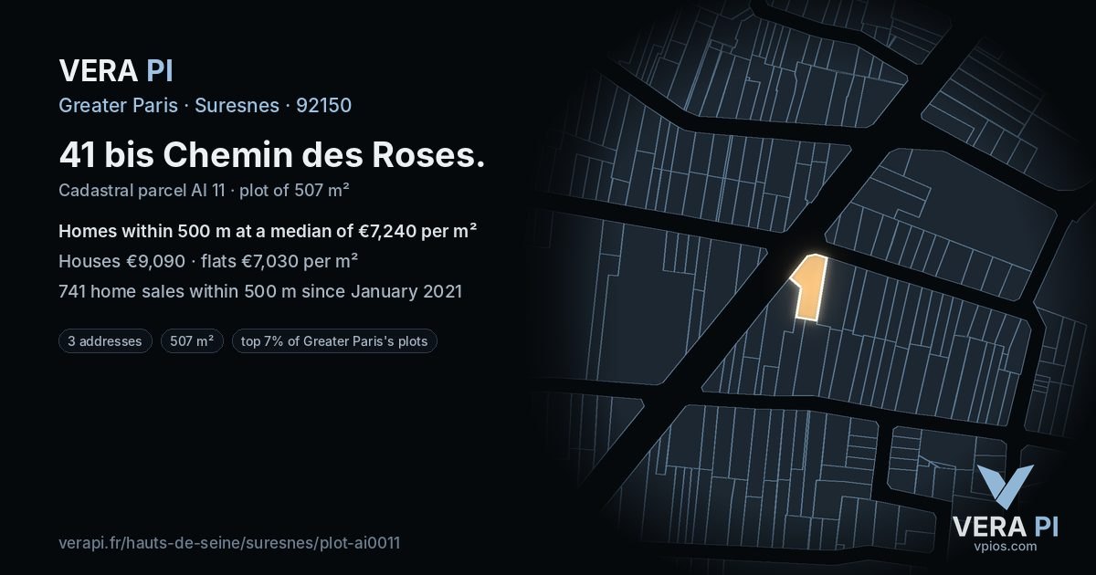 41 bis Chemin des Roses, Suresnes at night – the plot lit, the parcels around coloured by the prices near them