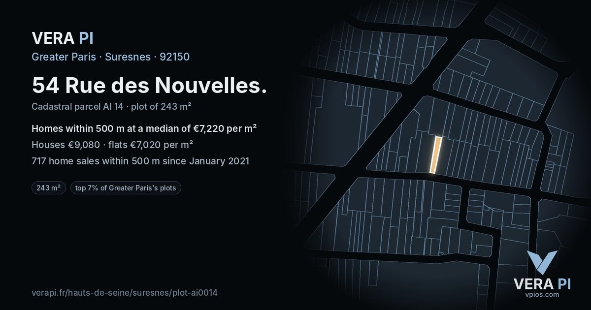 54 Rue des Nouvelles, Suresnes at night – the plot lit, the parcels around coloured by the prices near them