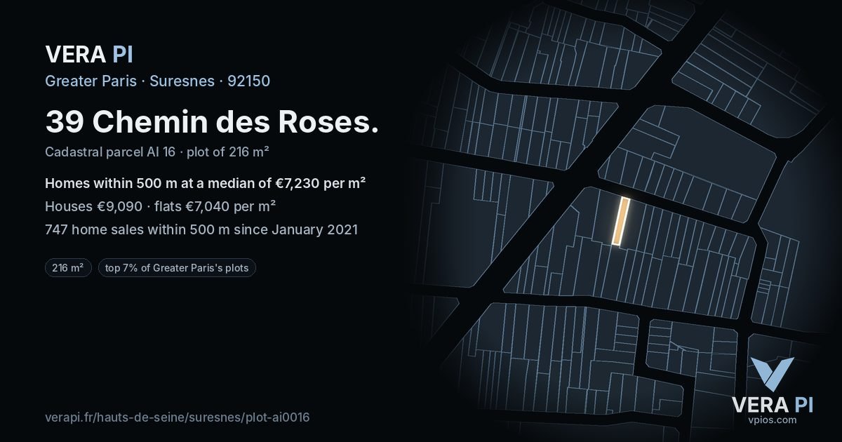 39 Chemin des Roses, Suresnes at night – the plot lit, the parcels around coloured by the prices near them
