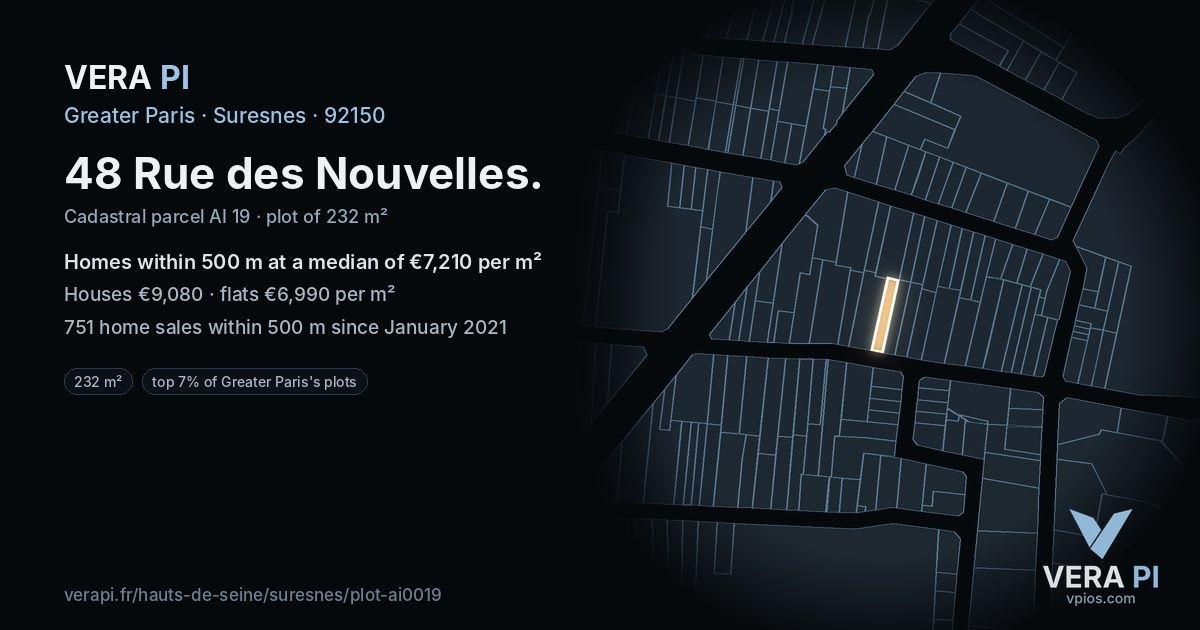 48 Rue des Nouvelles, Suresnes at night – the plot lit, the parcels around coloured by the prices near them