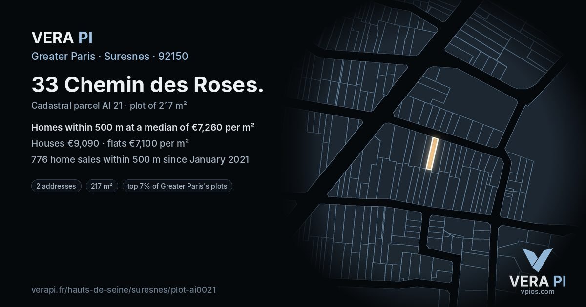 33 Chemin des Roses, Suresnes at night – the plot lit, the parcels around coloured by the prices near them