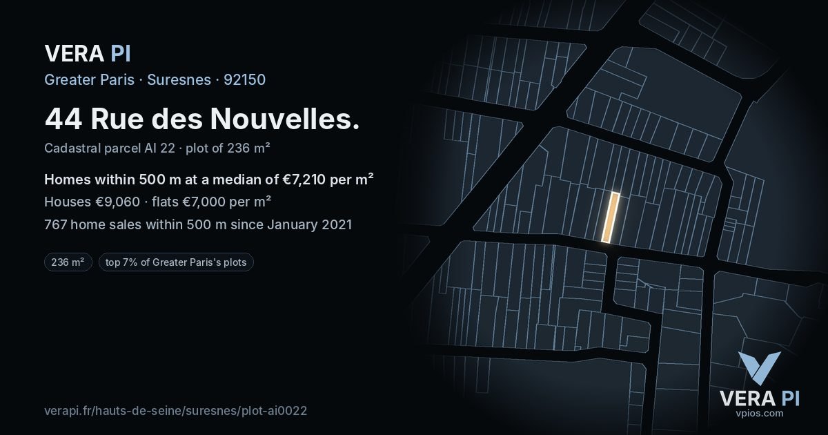 44 Rue des Nouvelles, Suresnes at night – the plot lit, the parcels around coloured by the prices near them