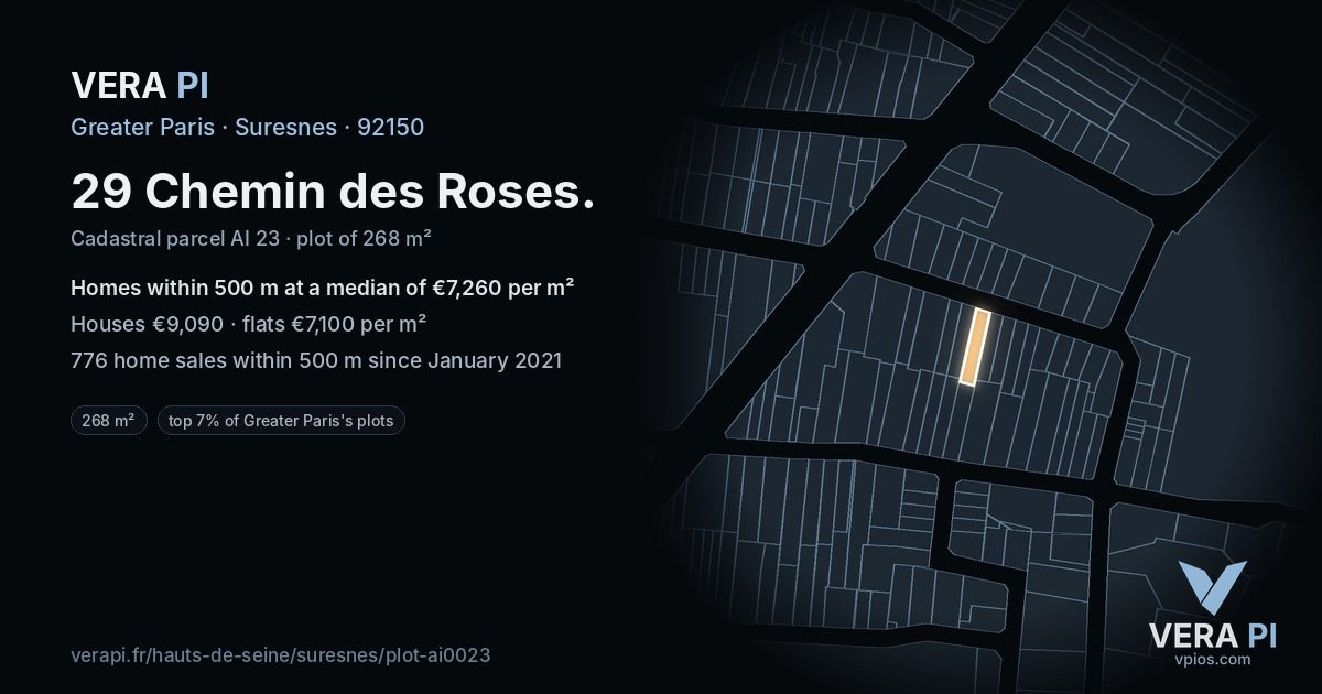 29 Chemin des Roses, Suresnes at night – the plot lit, the parcels around coloured by the prices near them