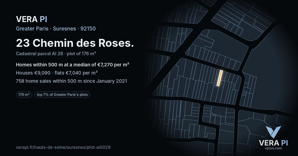 23 Chemin des Roses, Suresnes at night – the plot lit, the parcels around coloured by the prices near them