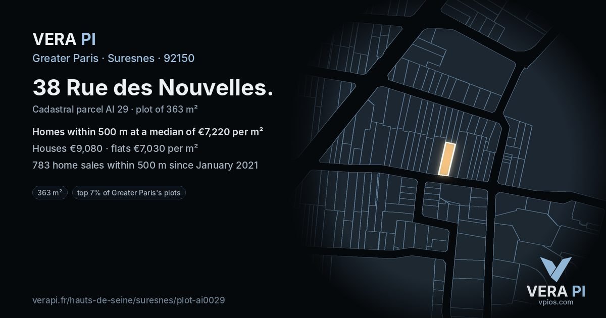 38 Rue des Nouvelles, Suresnes at night – the plot lit, the parcels around coloured by the prices near them