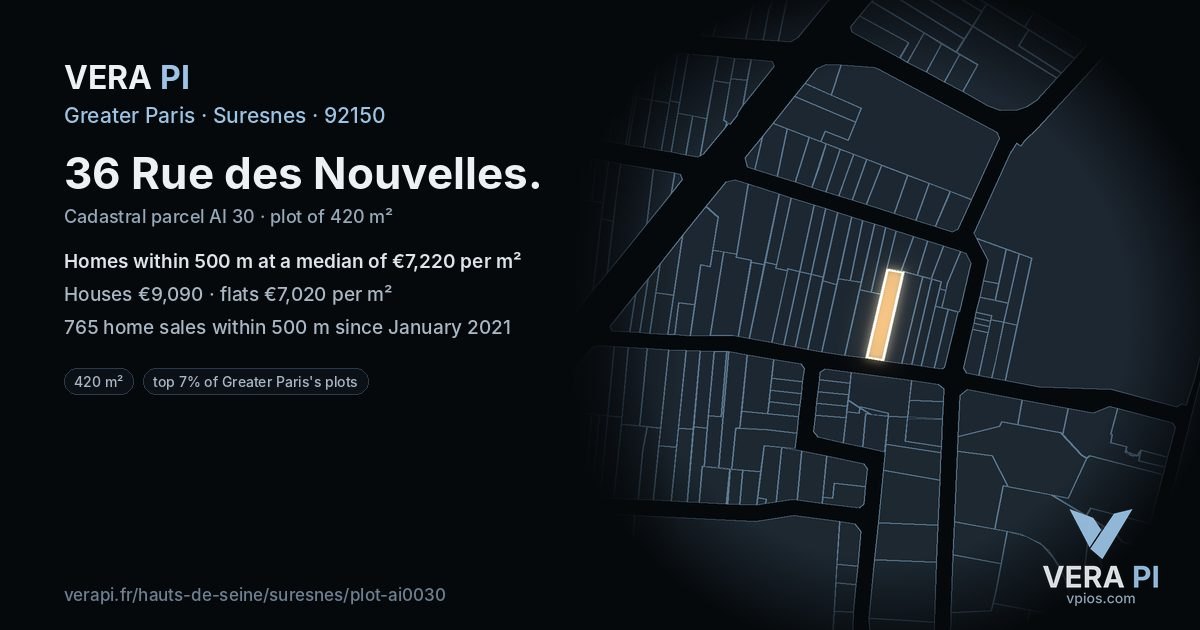 36 Rue des Nouvelles, Suresnes at night – the plot lit, the parcels around coloured by the prices near them