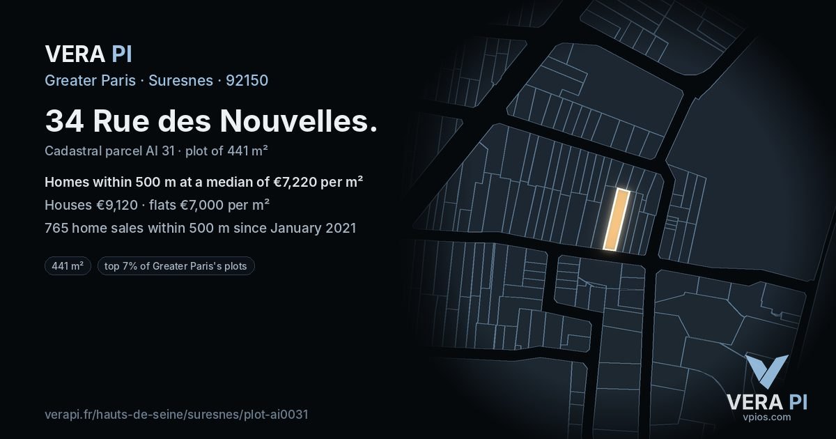 34 Rue des Nouvelles, Suresnes at night – the plot lit, the parcels around coloured by the prices near them