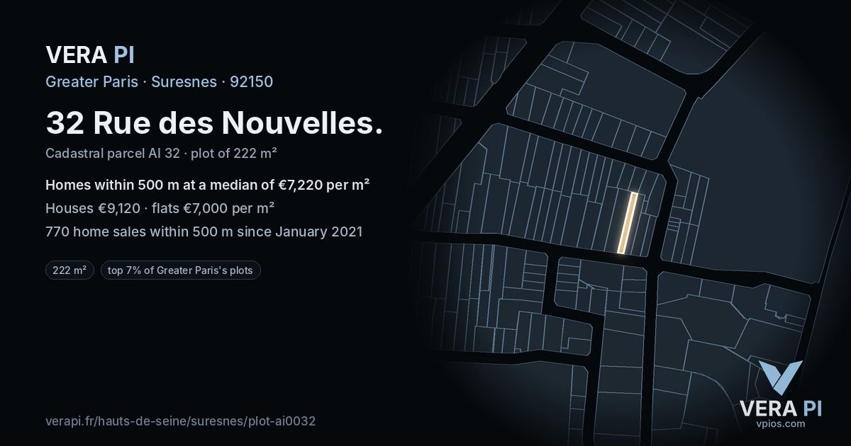 32 Rue des Nouvelles, Suresnes at night – the plot lit, the parcels around coloured by the prices near them