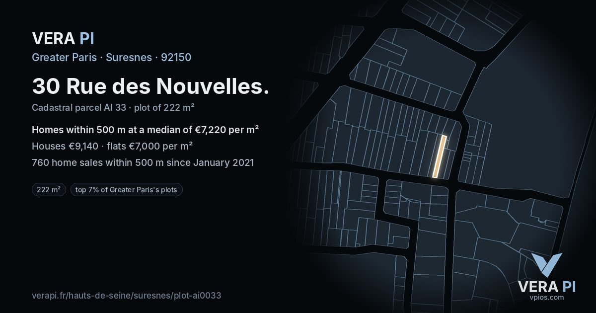 30 Rue des Nouvelles, Suresnes at night – the plot lit, the parcels around coloured by the prices near them