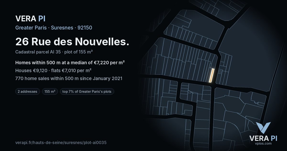 26 Rue des Nouvelles, Suresnes at night – the plot lit, the parcels around coloured by the prices near them