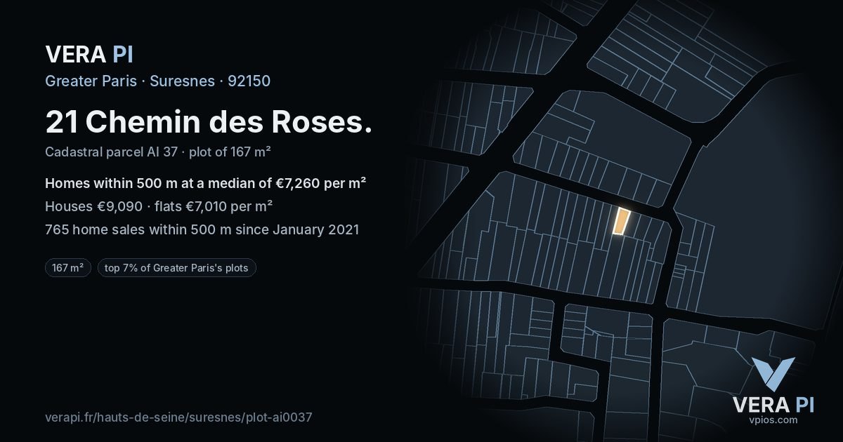 21 Chemin des Roses, Suresnes at night – the plot lit, the parcels around coloured by the prices near them