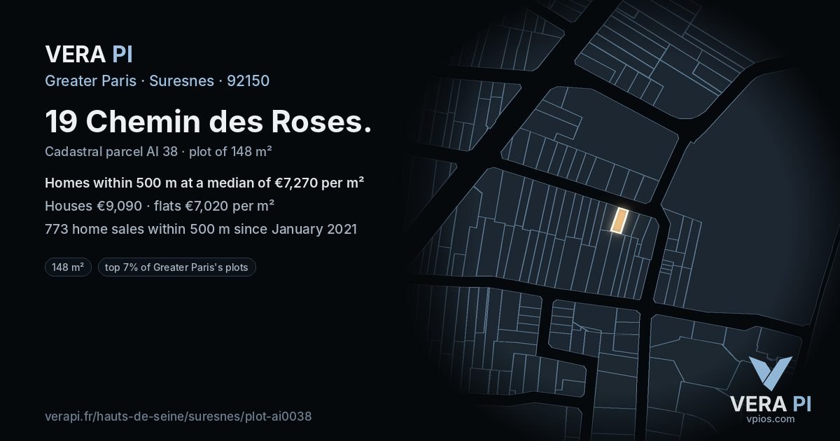 19 Chemin des Roses, Suresnes at night – the plot lit, the parcels around coloured by the prices near them