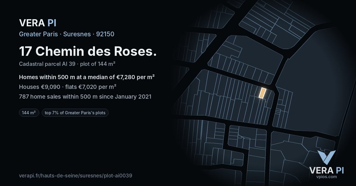 17 Chemin des Roses, Suresnes at night – the plot lit, the parcels around coloured by the prices near them