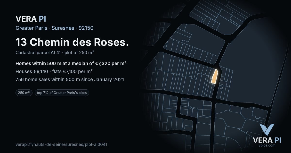 13 Chemin des Roses, Suresnes at night – the plot lit, the parcels around coloured by the prices near them