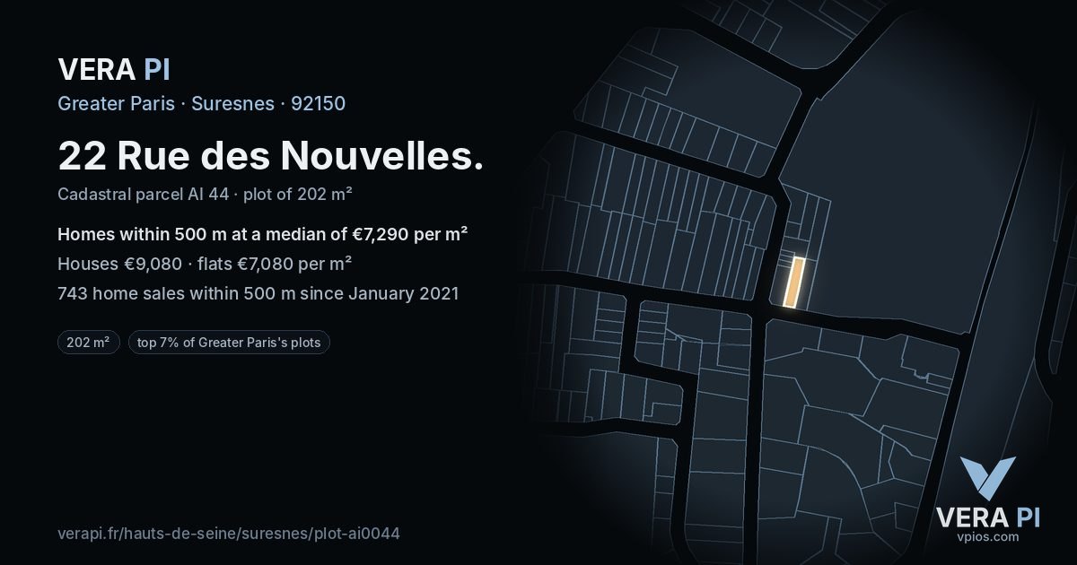 22 Rue des Nouvelles, Suresnes at night – the plot lit, the parcels around coloured by the prices near them