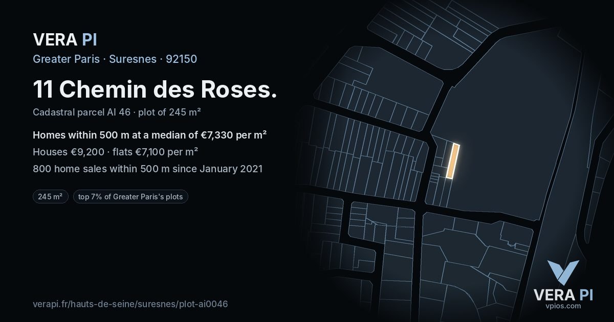 11 Chemin des Roses, Suresnes at night – the plot lit, the parcels around coloured by the prices near them