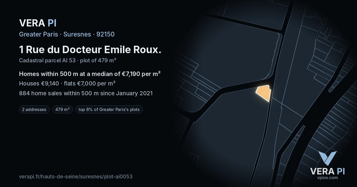1 Rue du Docteur Emile Roux, Suresnes at night – the plot lit, the parcels around coloured by the prices near them