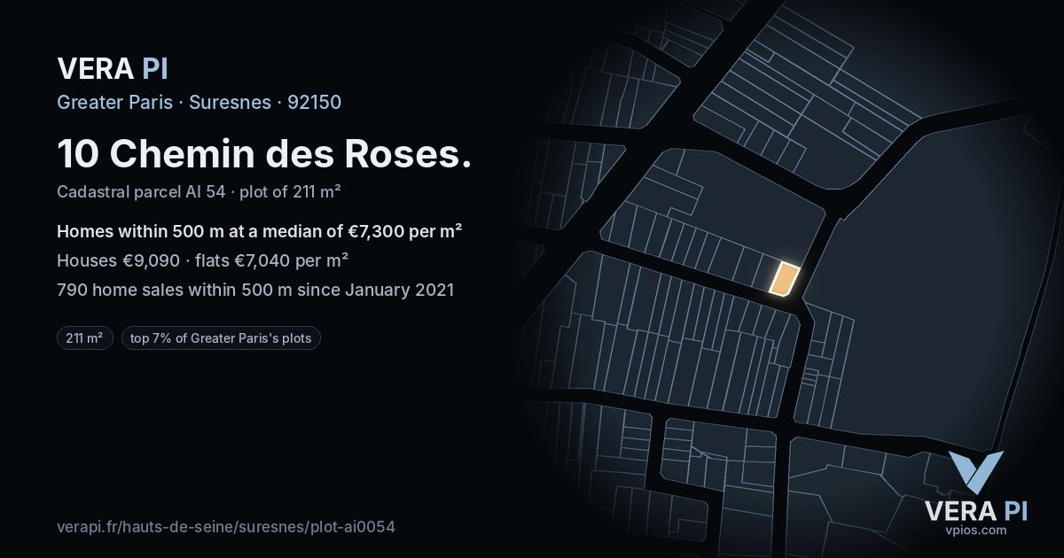 10 Chemin des Roses, Suresnes at night – the plot lit, the parcels around coloured by the prices near them