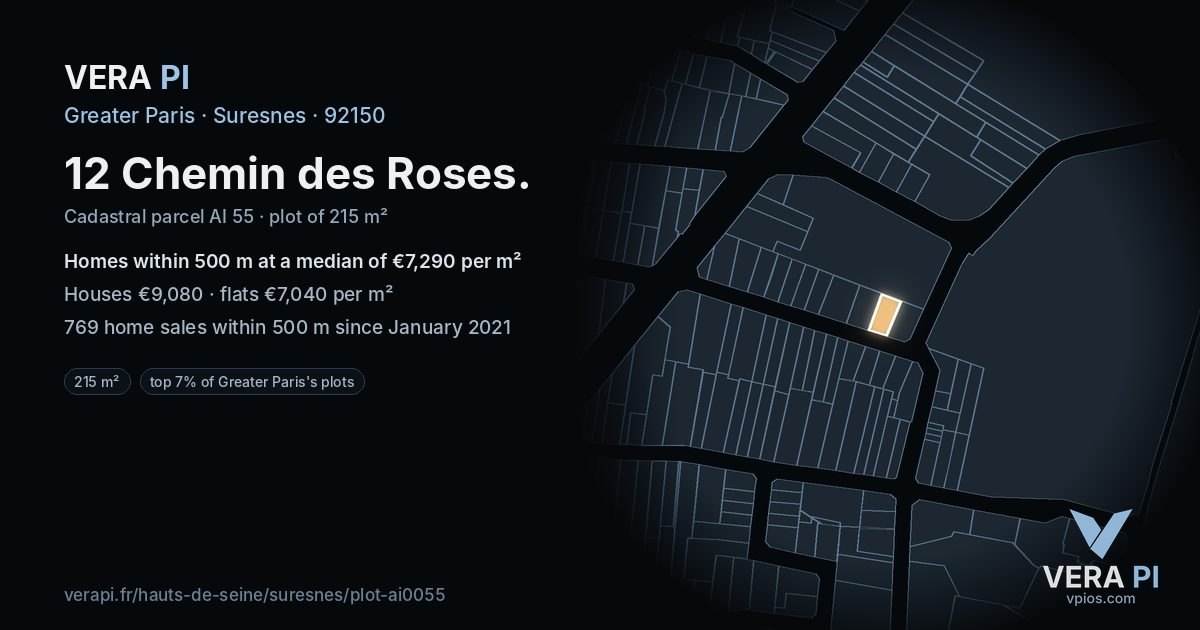 12 Chemin des Roses, Suresnes at night – the plot lit, the parcels around coloured by the prices near them