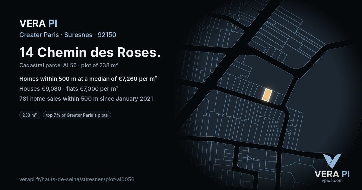 14 Chemin des Roses, Suresnes at night – the plot lit, the parcels around coloured by the prices near them