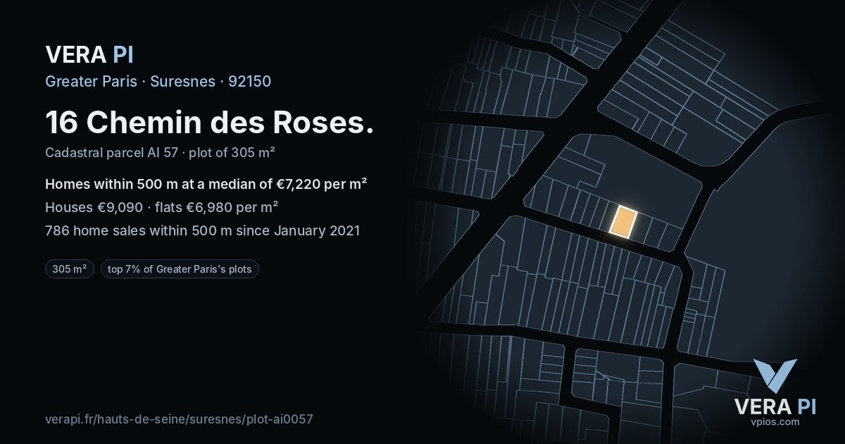 16 Chemin des Roses, Suresnes at night – the plot lit, the parcels around coloured by the prices near them