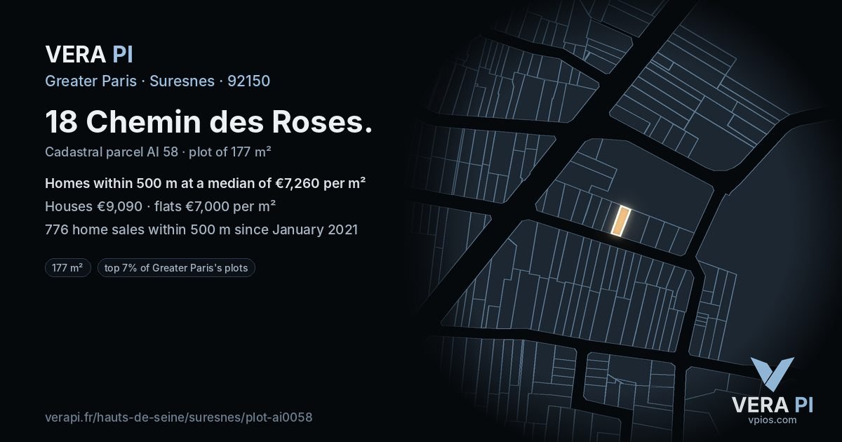 18 Chemin des Roses, Suresnes at night – the plot lit, the parcels around coloured by the prices near them