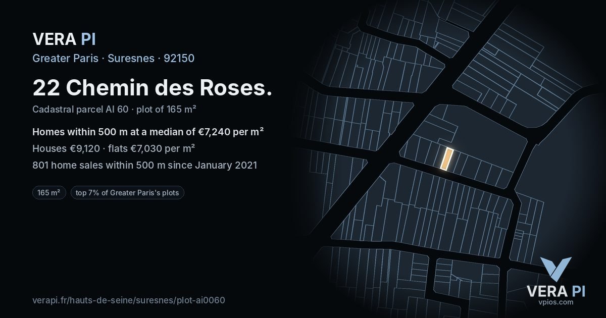 22 Chemin des Roses, Suresnes at night – the plot lit, the parcels around coloured by the prices near them