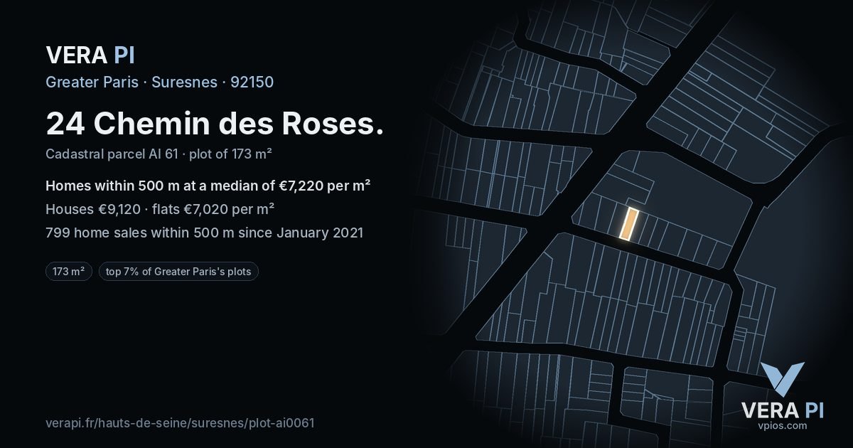 24 Chemin des Roses, Suresnes at night – the plot lit, the parcels around coloured by the prices near them