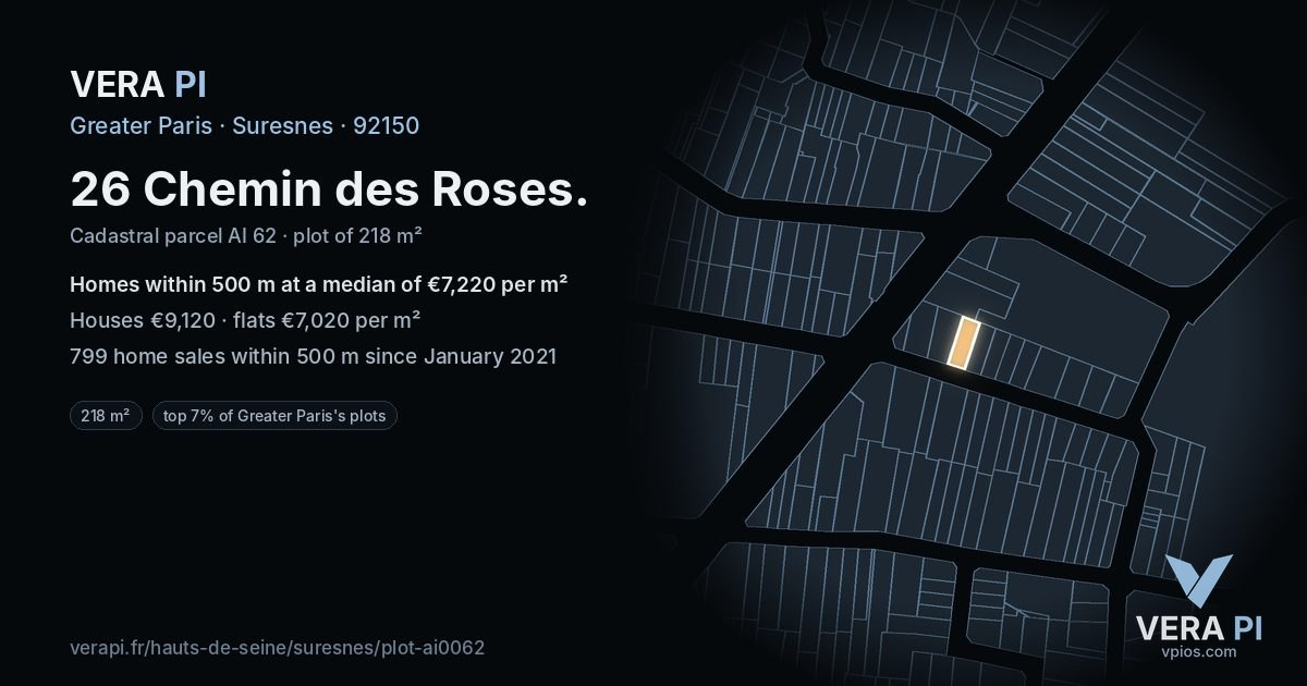 26 Chemin des Roses, Suresnes at night – the plot lit, the parcels around coloured by the prices near them