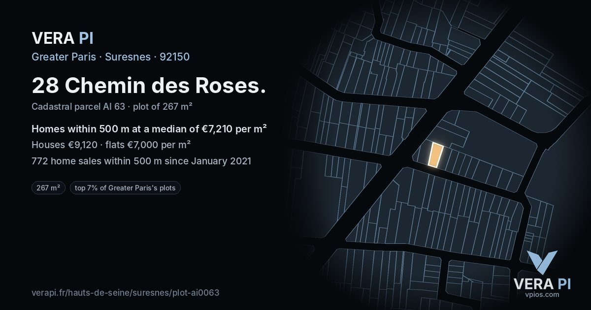 28 Chemin des Roses, Suresnes at night – the plot lit, the parcels around coloured by the prices near them