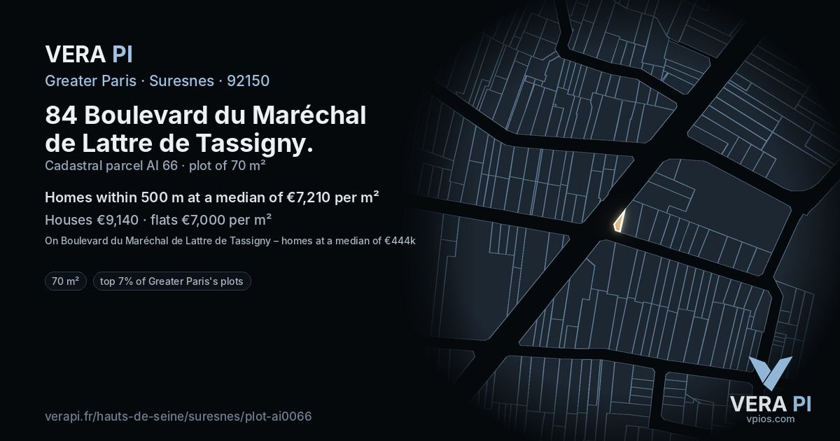 84 Boulevard du Maréchal de Lattre de Tassigny, Suresnes at night – the plot lit, the parcels around coloured by the prices near them
