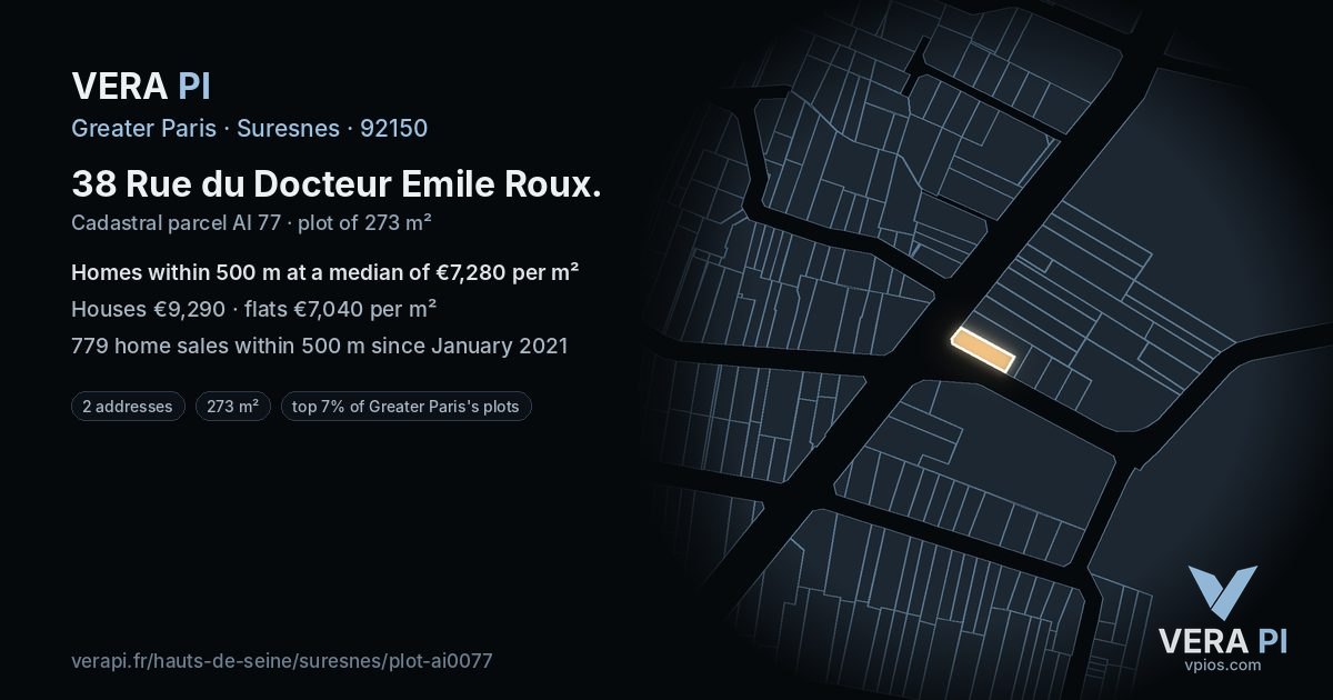 38 Rue du Docteur Emile Roux, Suresnes at night – the plot lit, the parcels around coloured by the prices near them