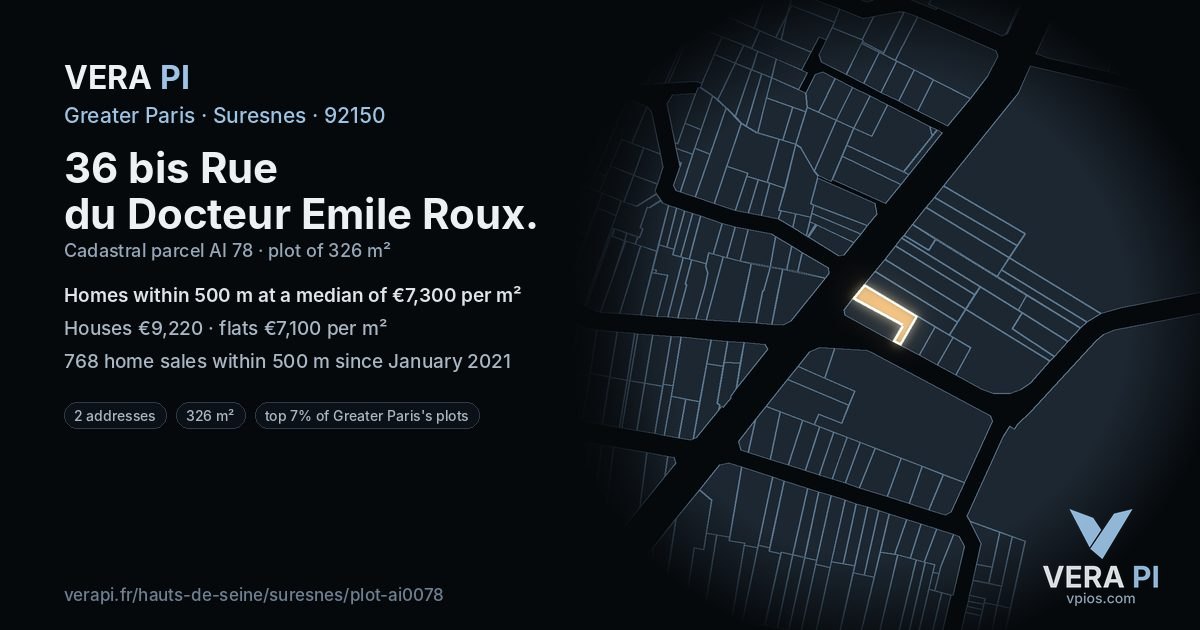 36 bis Rue du Docteur Emile Roux, Suresnes at night – the plot lit, the parcels around coloured by the prices near them